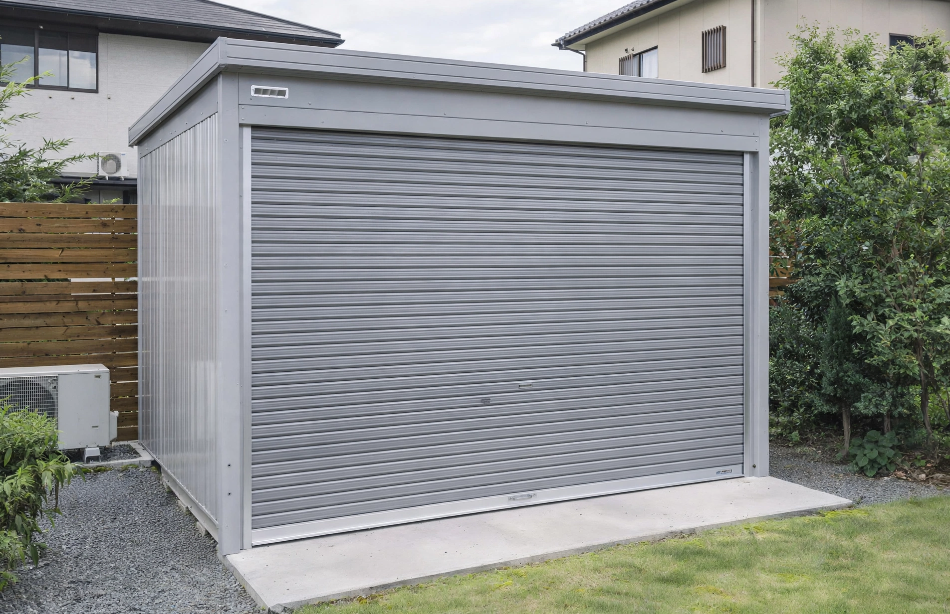 グレーのスチール製メーカー既製品倉庫のイメージ画像（ロールシャッター付き・住宅脇に設置）